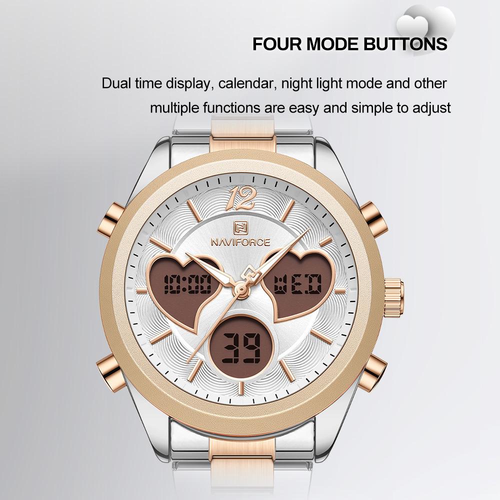 Naviforce Women Quartz LCD Digital Watch Waterproof Stainless Steel Strap NF5045S