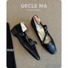 Agneau~ Cuir véritable Chaussures françaises simples pour femmes à fond plat à bout carré à bouche légère chaussures noires avec jupe chaussures rétro Mary Jane