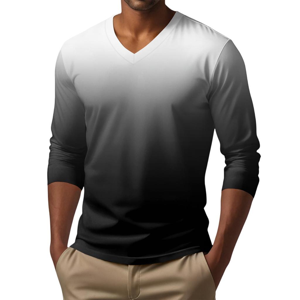 Men's V-neck Casual Fashion Printed Long-sleeved T-shirt Top