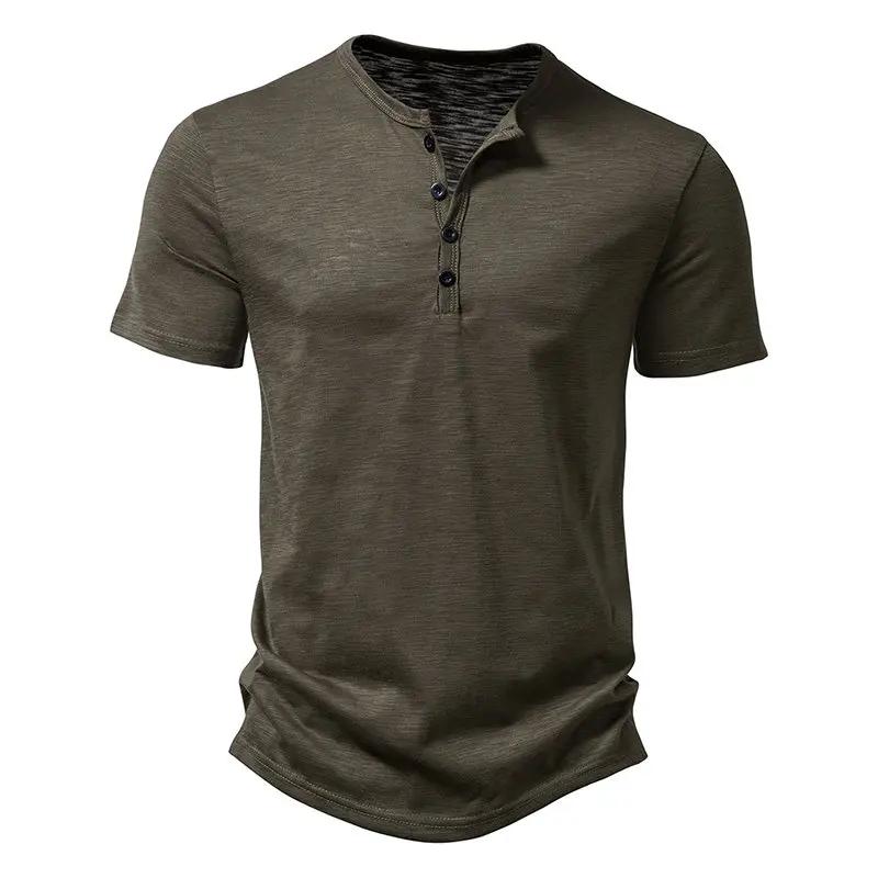 2025 Summer Men Short Sleeve T Shirt Men Fashion Henley Collar White Tshirt Mens Casual Slim Tops Tees Solid Color T-Shirt Man