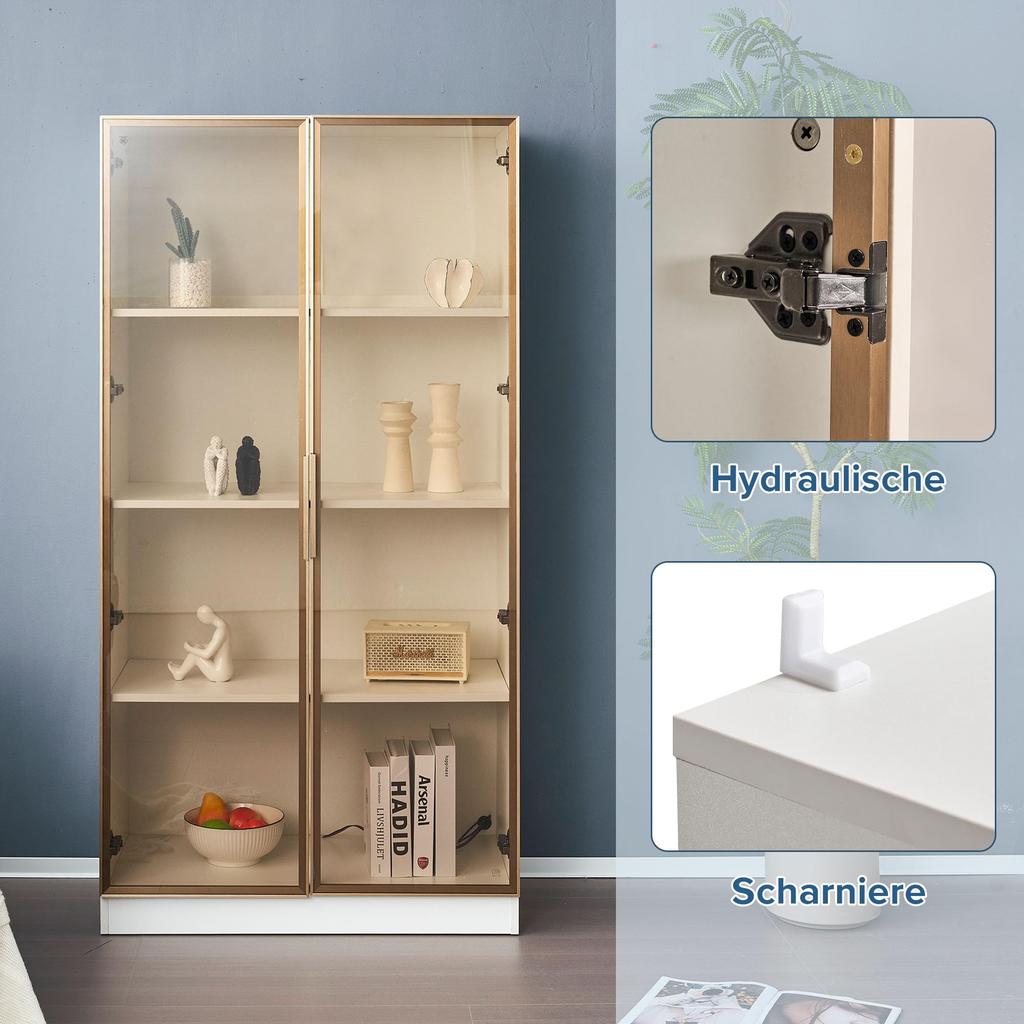 Glass Display Case LED Lighting, Two-Part White, Adjustable Shelves, 2 Drawers, Modern Bookcase Standing Display Case Office Cabinet