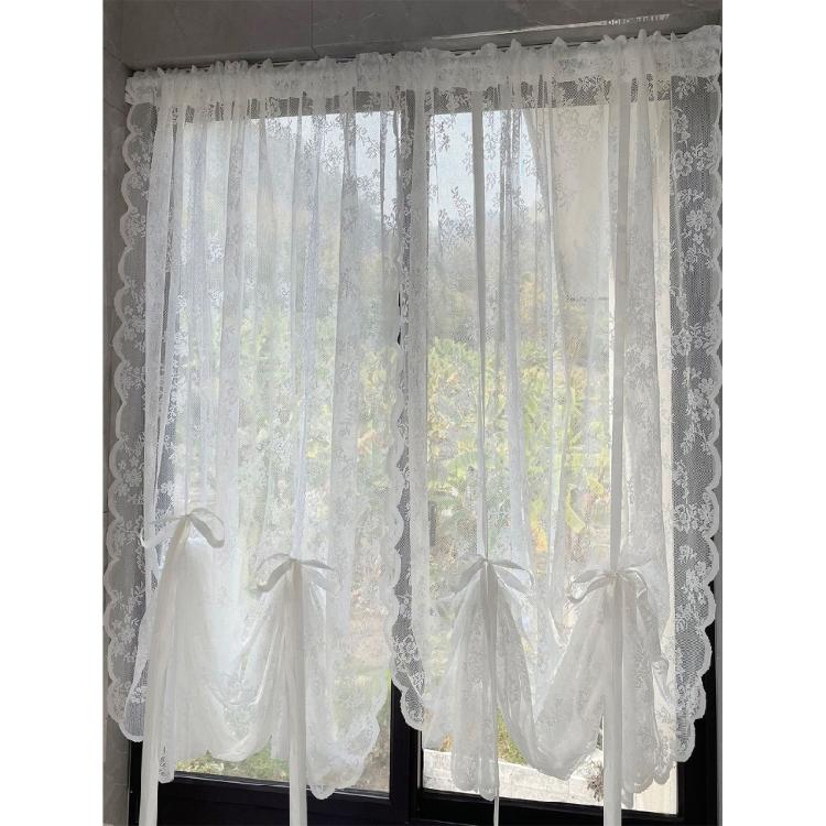 White Lace Voile Curtains with Florals Embroidery Pulling Curtain for Bedroom and Living Room 150cm