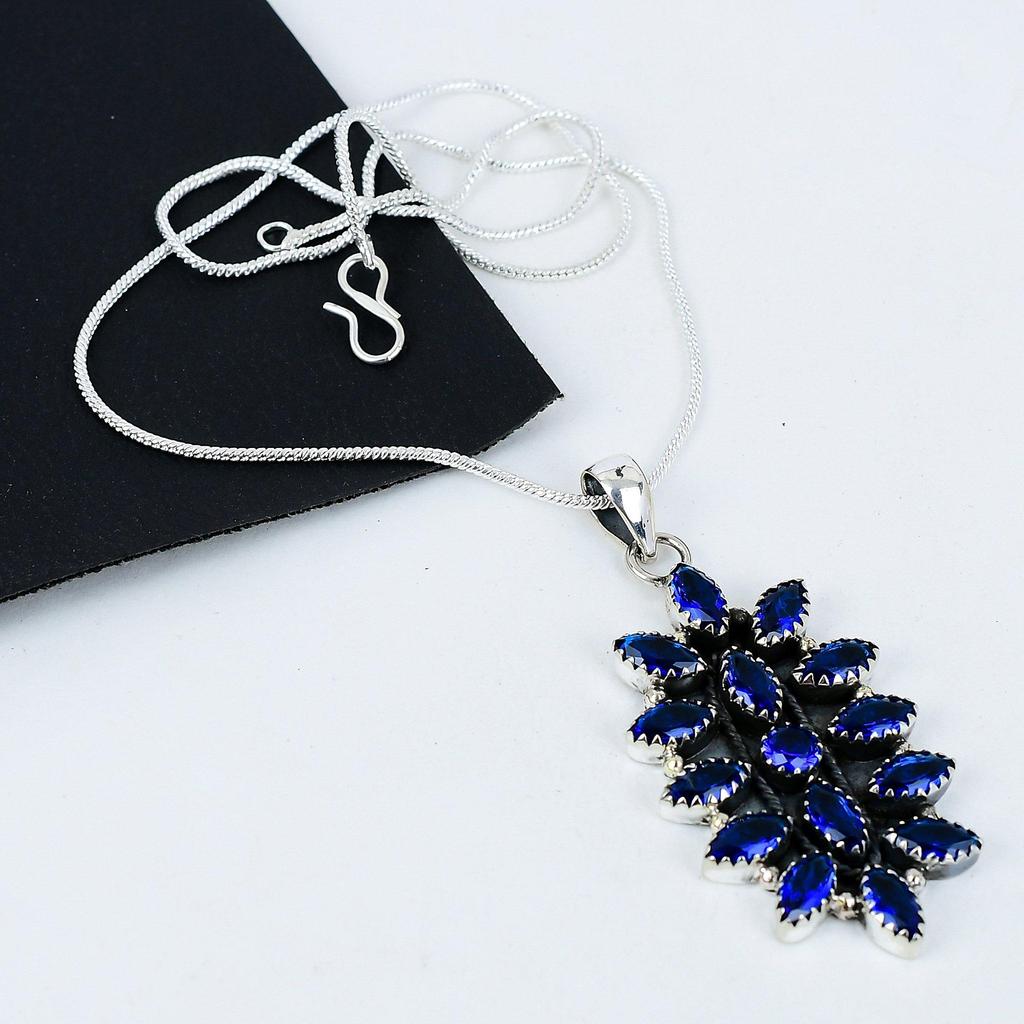 Lodon Blue Topaz Gemstone Handmade 925 Sterling Silver Electroform Flower Necklace, Lodon Blue Topaz Silver For Wife Unisex Pendant Engagement Gifts