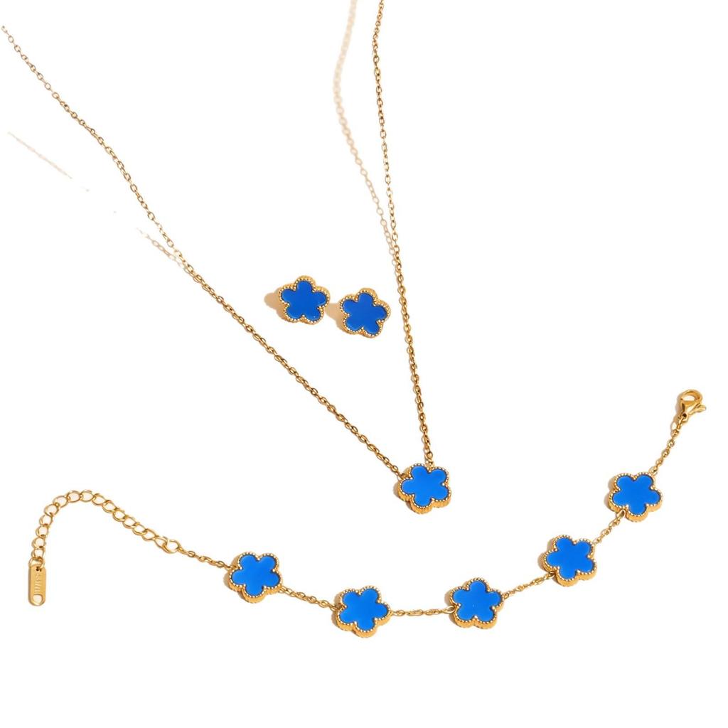 Stylish Lucky Four-Leaf Clover Jewelry Set: Titanium Steel 18K Chain Necklace, Bracelet, Earrings