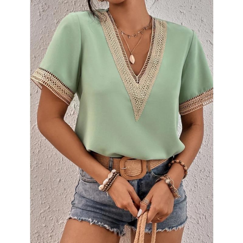 Summer new, women's V-neck lace casual solid color shirt