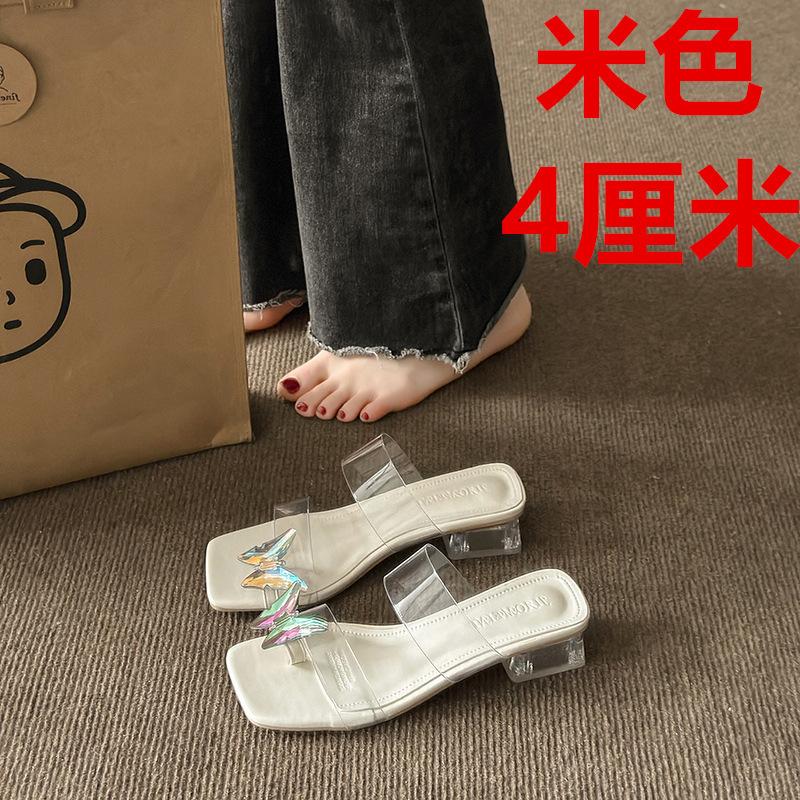 

Cool slippers women s summer outer wear 2025 new fashion temperament small fragrant style middle heel one-word drag ins tide crystal slippers 40