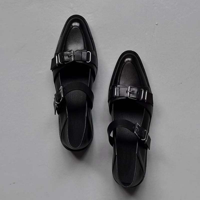 Yutu's niche round head shallow mouth single shoes summer dark punk leather shoes women's 2025 new black shoes