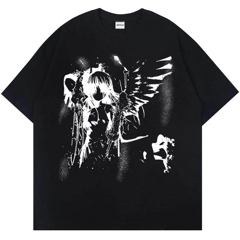 2025 Trend Harajuku Japanese Anime T-shirt Cartoon Angel Wings Graphic T-shirt 100 Cotton Y2K Top Street T-shirt