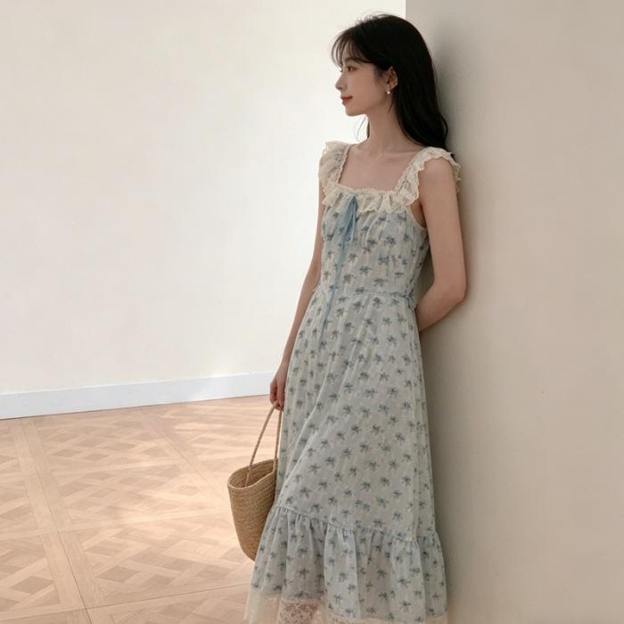 2026 New Summer French Sweet Blue Lace Floral Spaghetti Strap Dress for Women, Spring/Summer Square-Neck Long Dress