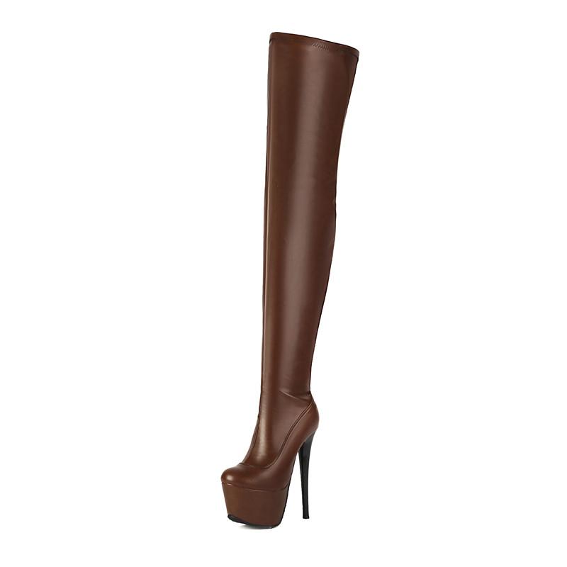 

Women s High-heeled Boots Autumn and Winter Sexy European and American Style Waterproof Table Fine-heeled Large-size Knee Boots 35 коричневый