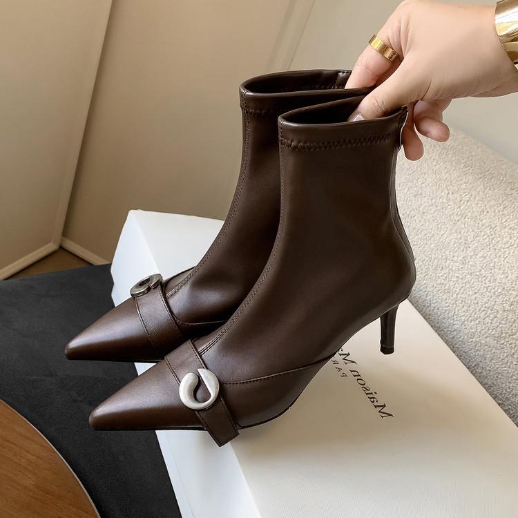 

French metal buckle pointed head thin heel thin boots temperament versatile high heel boots brown short boots women 40 коричневий