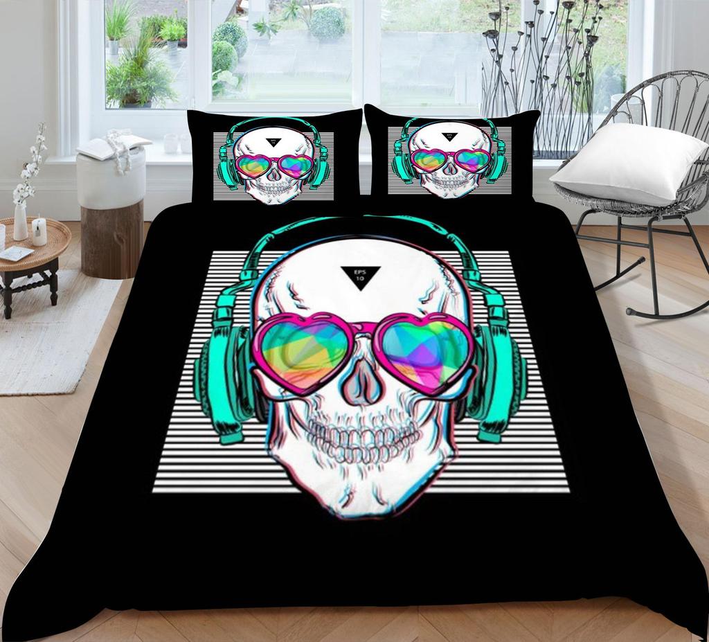 3D-Druck-Schädel-Bettset, atmungsaktiv, Heimbettwäsche mit Kissenbezug, für Kinder, Herren, Teenager, hochwertiger Bettbezug