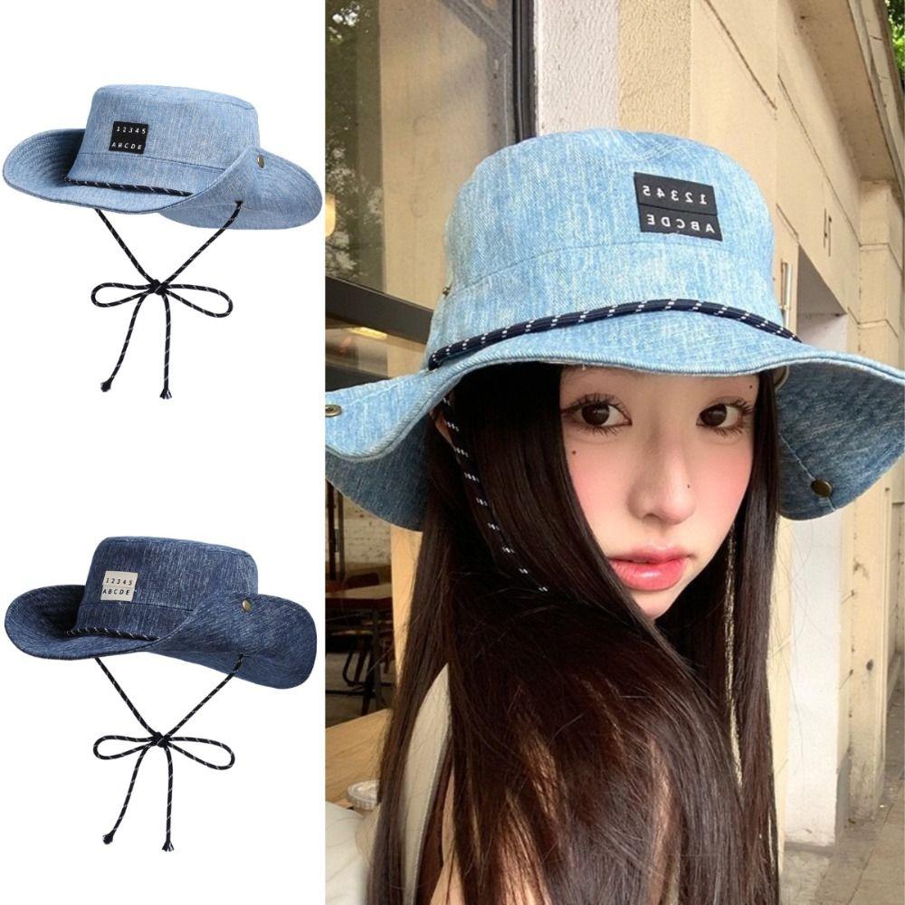 Zealous Sole Women's Blue American Alphabet Vintage Washed Denim Hat Drawstring Adjustable Wide Brim Western Cowboy Hats Sunscreen Windproof Fisherman Hat