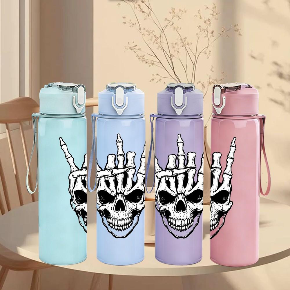 1PC Rock Hand Skull Sign 750ml Color Plastic Sports Water Bottle Leakproof Flip Straw Lid Suitable for Sports Office Home Use