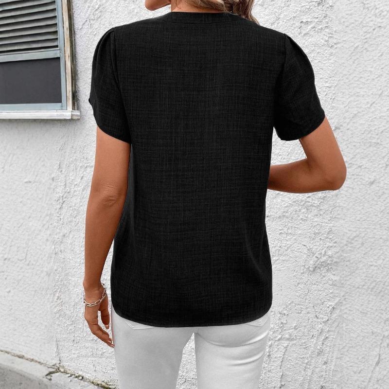 Women's Spring/summer Semi-open Collar Short-sleeved Shoulder Wrinkle Cover Solid Color Printed Top