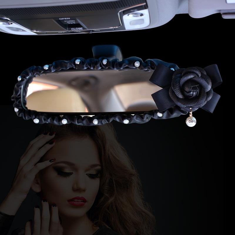 

Жемчужный цветок камелии с цветком салона автомобиля, чехол для зеркала заднего вида из искусственной кожи, авто украшения заднего вида, аксессуары для женщин и