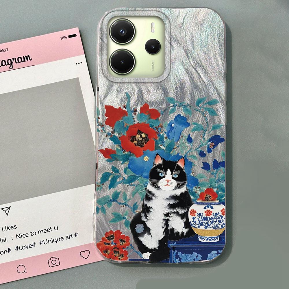 Luxury Black Cat Flower Phone Cases Phone Case for Xiaomi Redmi 14C 13C 14T A5 A4 A3 Note 14 13 Pro Shell Silicone Back Cover