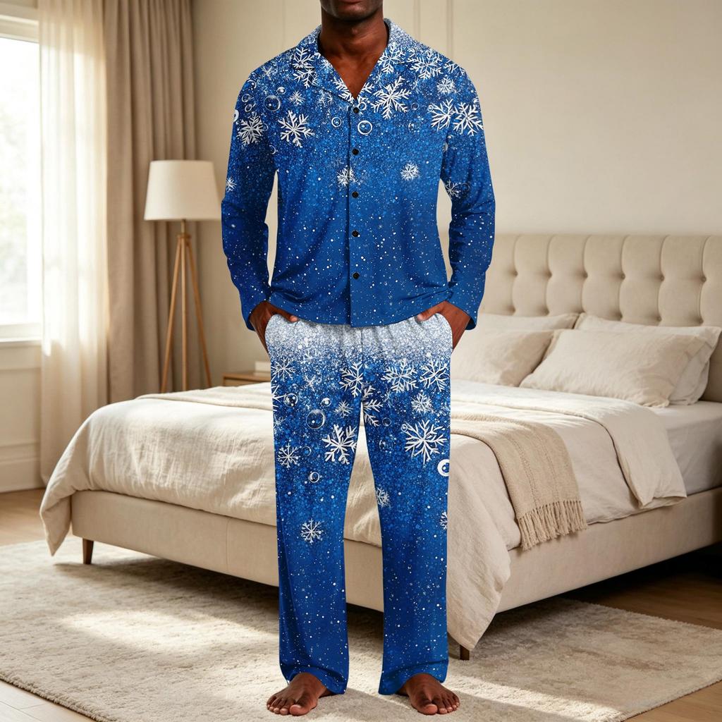Kerstpyjamaset voor heren met knopenhemd en rechte broek, Casual print nachtkleding tweestukken outfit, Feestelijke loungewear voor de feestdagen