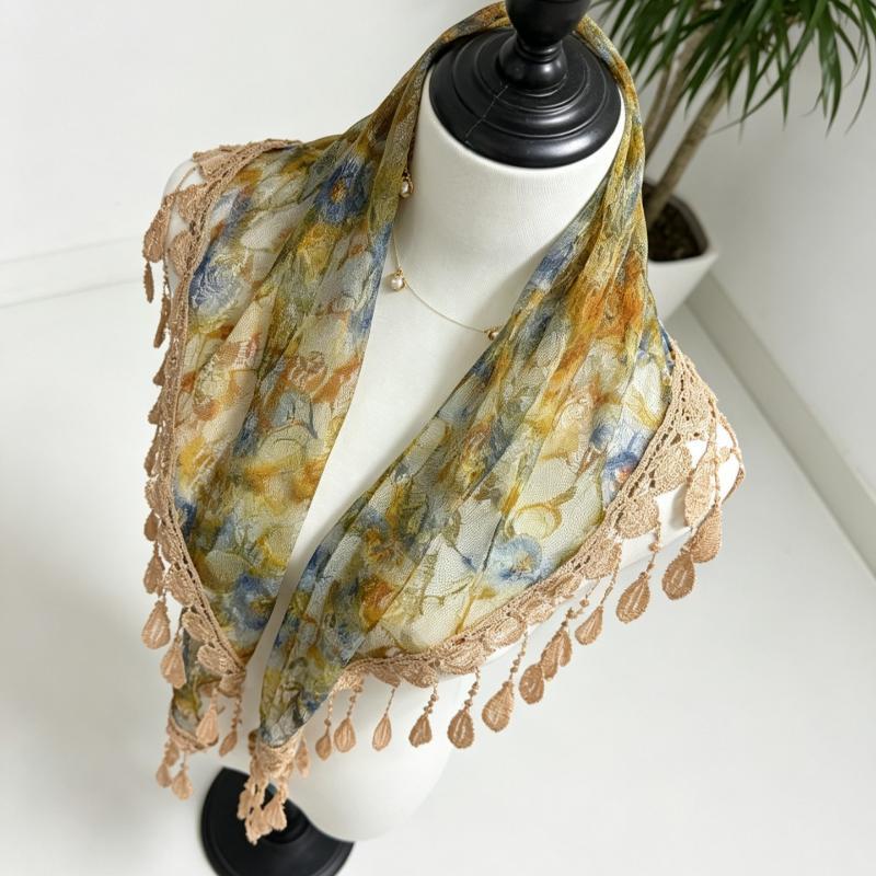 Mote Boho Blonderkantet Trekantet Skjerf Dame Tassel Franse Sjal Wrap Sommer Strand Hodetørkle Ferie Midjebelte