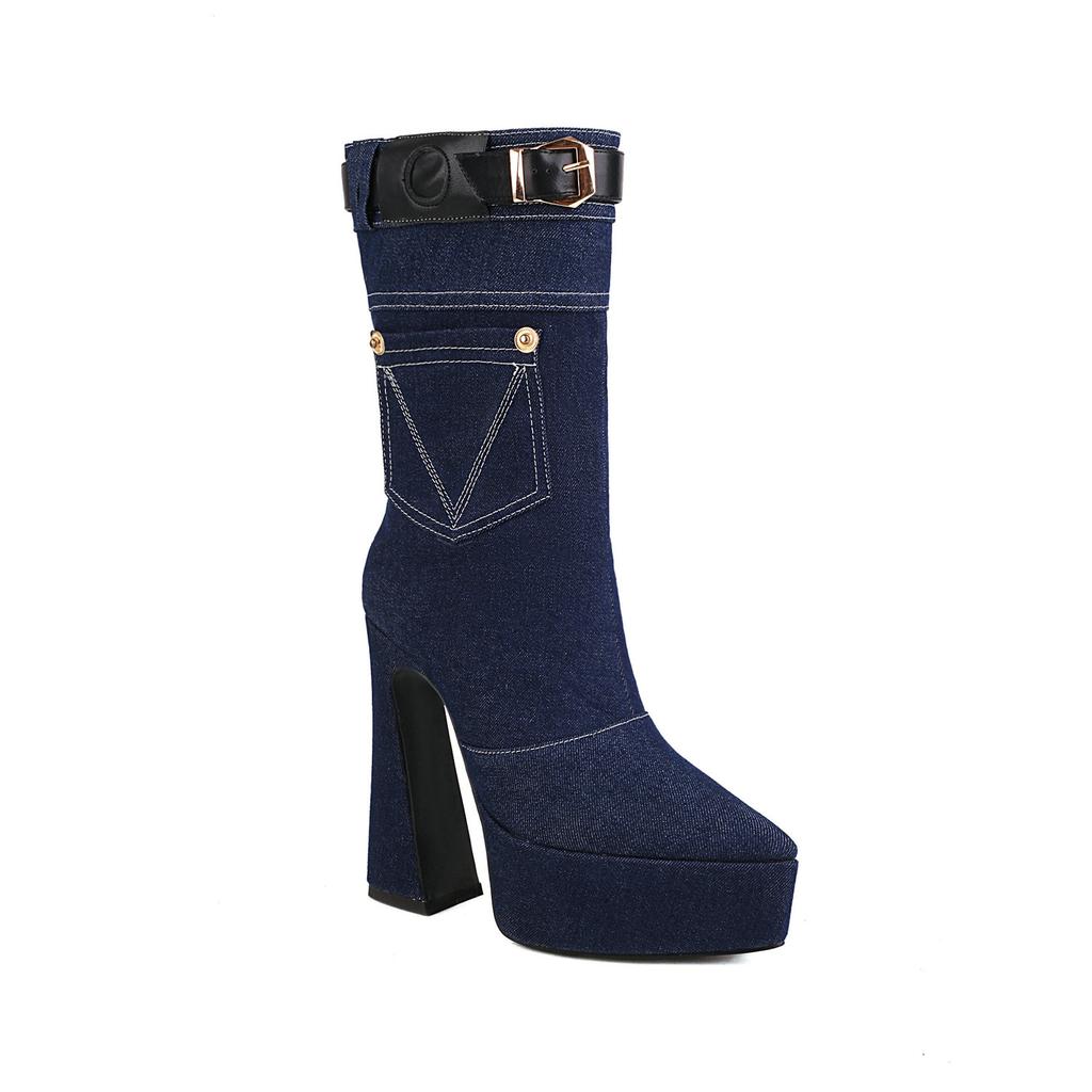 Denim Cowboy Boots Women with Pocket 2024 Fashion Winter High Heels Shoes Bright Line Pointd Toe Ankle Booties Plus Size 45