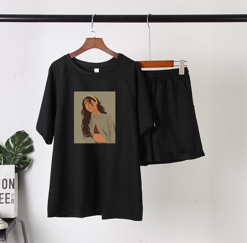 Printed Summer Cotton T Shirt Sets Women Casual Two Pieces Short Sleeve T Shirts and High Waist Short Pants Solid Outfits Tracksuit