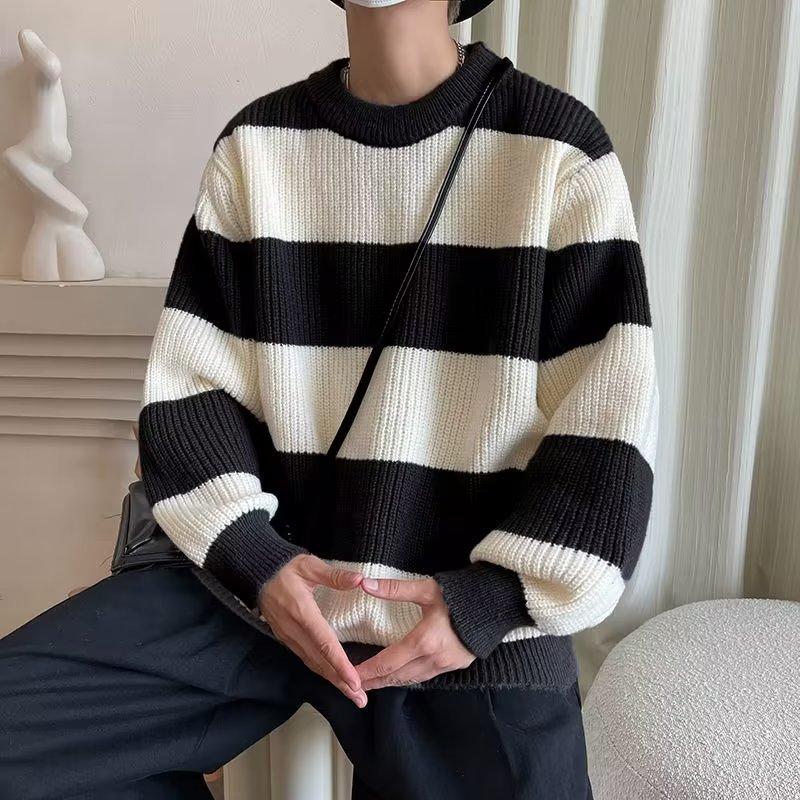 Sweater men's autumn and winter warm loose primer thread jacket American casual contrasting color trendy brand striped crew neck knitted sweater