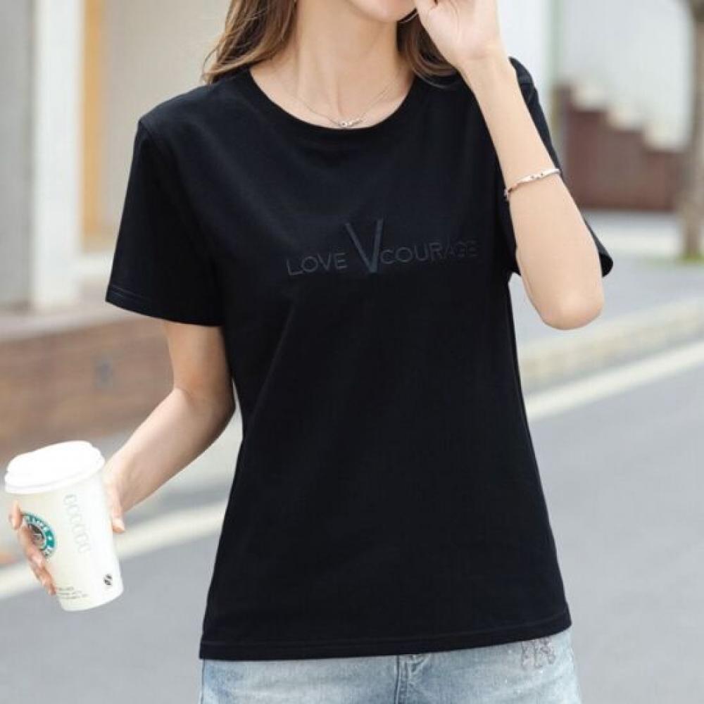 Navava Women Daily Basic Embroidery LeTTering Round Neck ShorT Sleeve T shirT nT