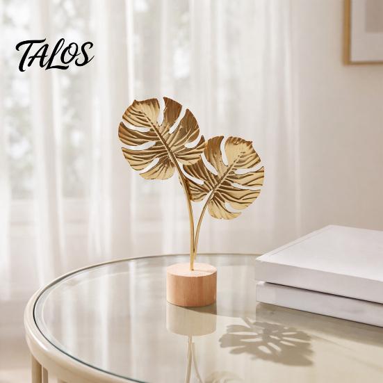 Talos Metal Leaf Ornaments, Gold Palm Leaf, Ginkgo Feather Statue with Wood Base, Modern Desktop Sculpture for Living Room, Bookshelf, Office