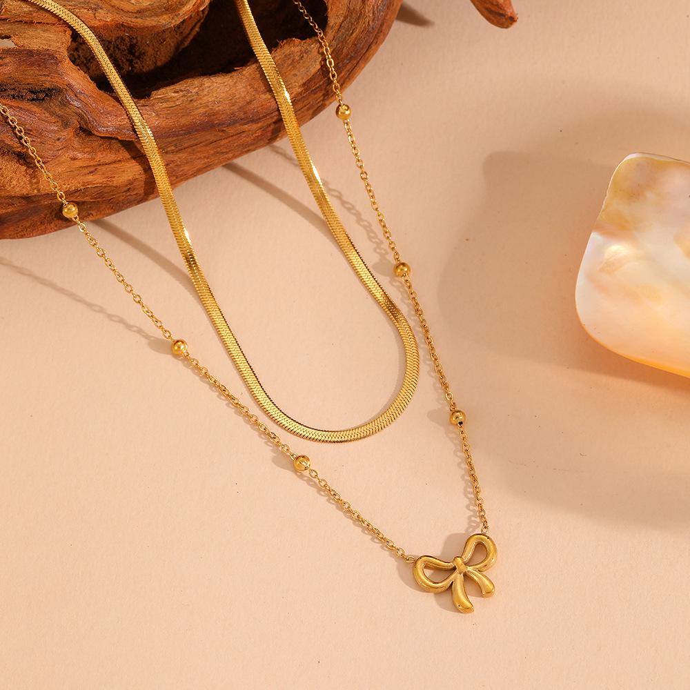 Cross Stainless Steel Double-Layer Bow Knot Anklet with Colorfast 18K Electroplated Bead Clasp