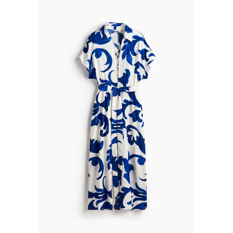 

HM Women s Clothing Florals Dress Autumn Work Clothing Elegance Printed V-neck Waist Belt Shirt Dress 1233620