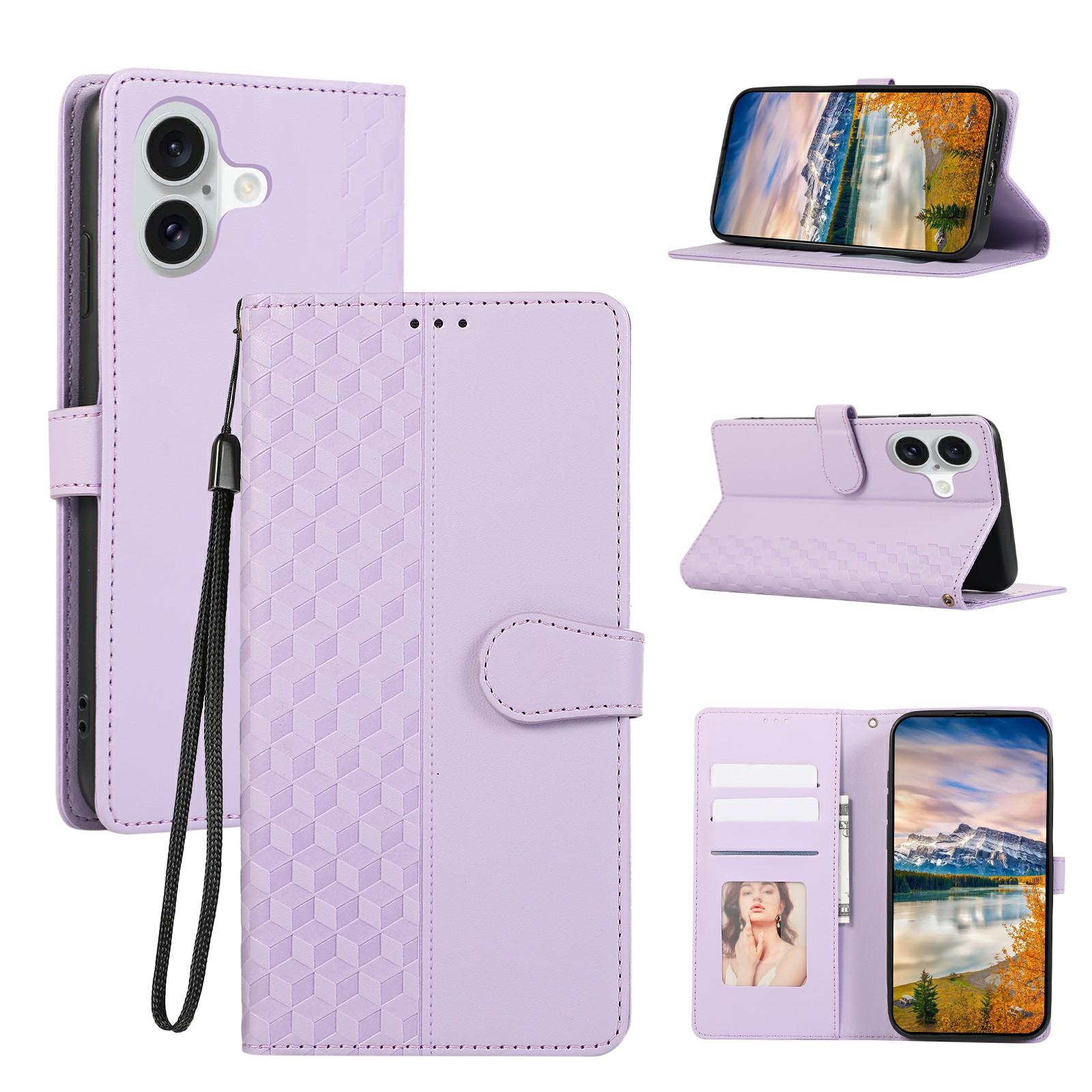 

For iPhone 17 Case 3D Rhombus Grid Imprinted Wallet Leather Phone Cover with Lanyard Purple