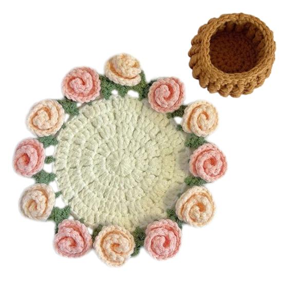 Handmade Crochet Flower Coasters Vintage Rose Flower Bouquet Coaster Unique Coffee Table Decor Accessories