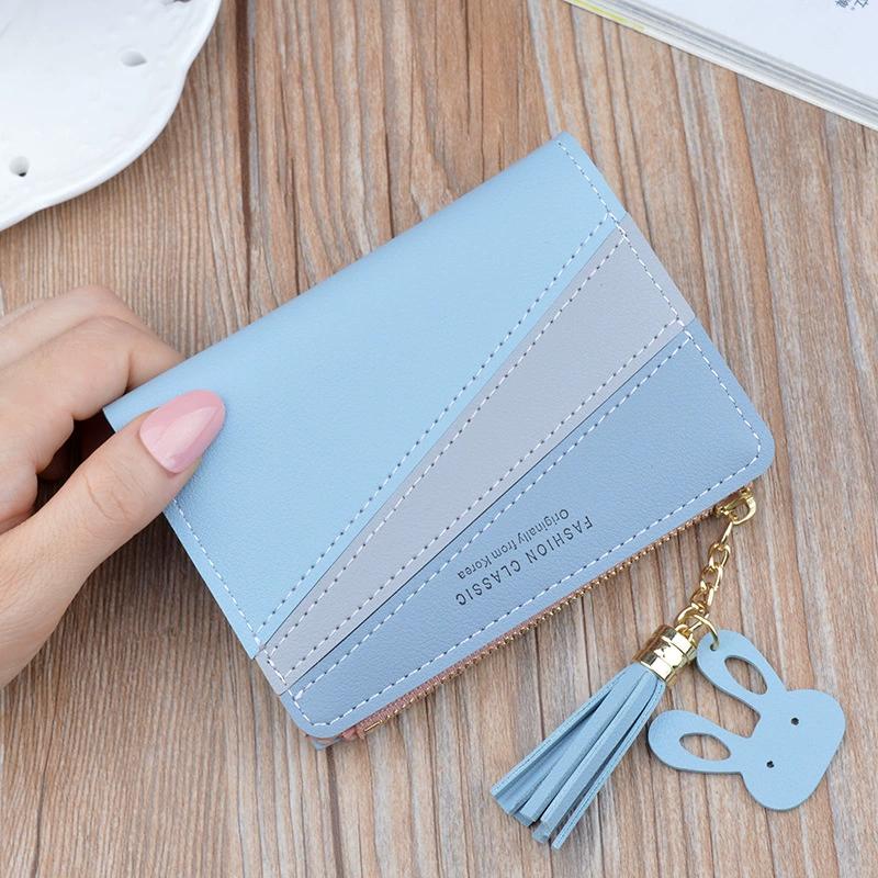 Tassel Women Wallet Patchwork Design Small Zipper Coin Purse Decoration Money Bag Simple Card Holder Contrast Color PU Leather
