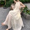 Holiday style long dress women's French feeling neck skirt summer chiffon dress gentle wind embroidery A word skirt
