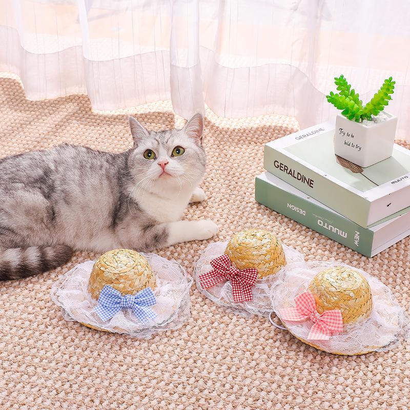Popular Korean Straw Hat Foreign Style Farmer Hat Sun Hats Pet Cat Funny Retro Cute Bow Fashion Pet Products