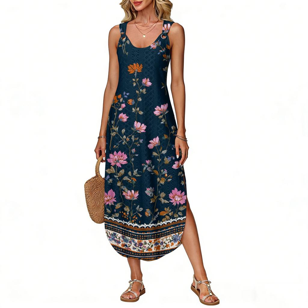 Women's Summer Long Dress, Sleeveless With Side Slits, Long Retro Printed Camisole Dress