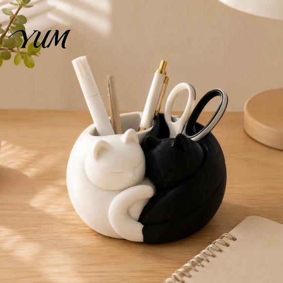 Modern Desk Storage 3D Printed Cat Pen Holder, Cute Sleeping Kitty Stationery Organizer, 2-in-1 Makeup Brush Cup for Brushes Desktop Organizer