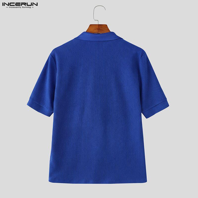 INCERUN Summer Men V Neck Short Sleeve Striped Rib Casual T-shirts Tops