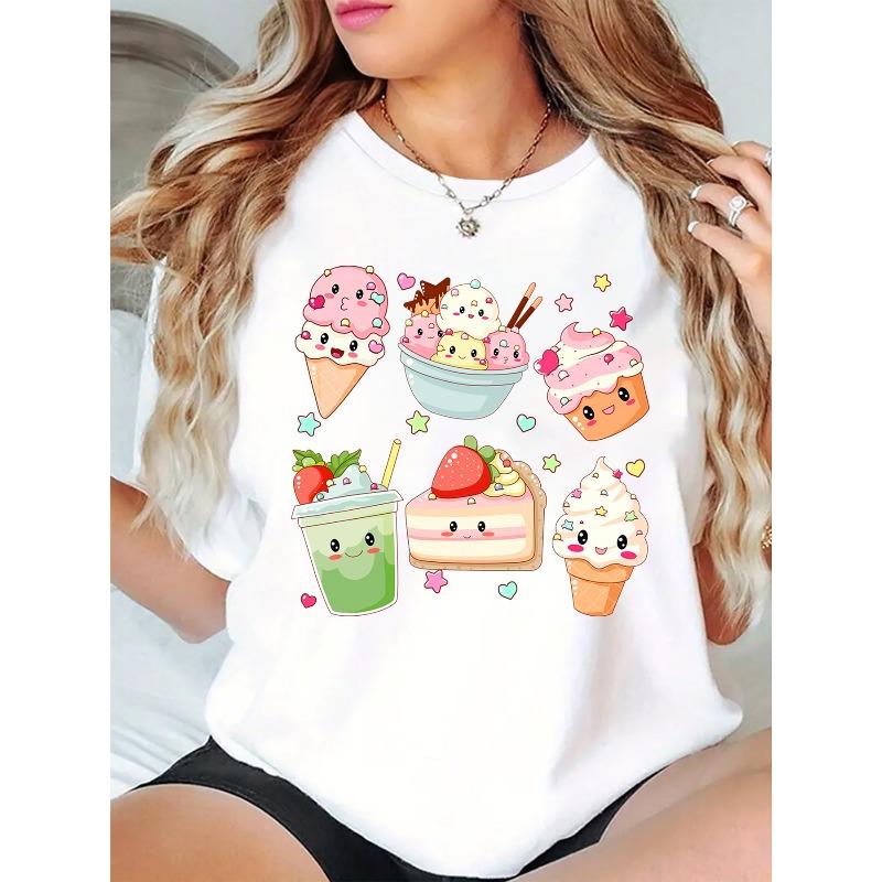 New Spring and Summer Round Neck Hoodie T-shirt Cute Dessert Cartoon Printed Pattern Round Neck Hoodie Women s T-shirt S