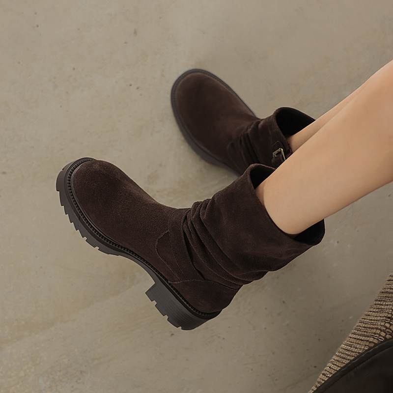 Krazing Pot Cow Suede Nubuck Winter Round Toe Western Boots Med Heels Slip On Metal Buckles Women Mid-calf Boots