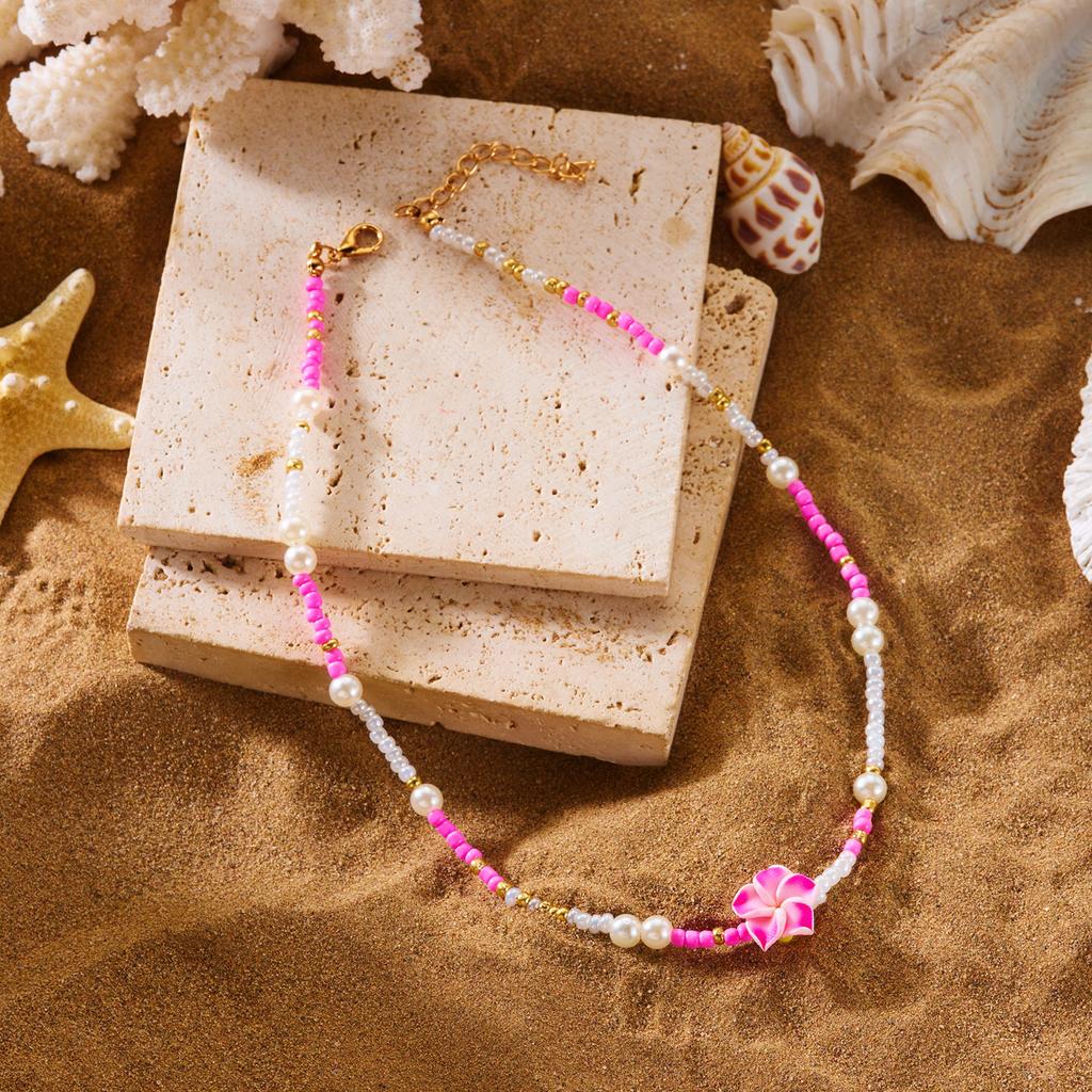 Frangipani Seed Bead Imitation Pearl Necklace Beach Bohemian Vacation Style Flower Necklace Fashion Trend Versatile