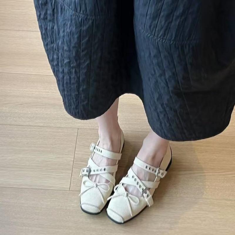 Retro Women's Shoes 2026 Spring Autumn Cross Tied Buckle French Bow Low Help Flat Shoes Non Slip Square Toe Mary Jane Shoes