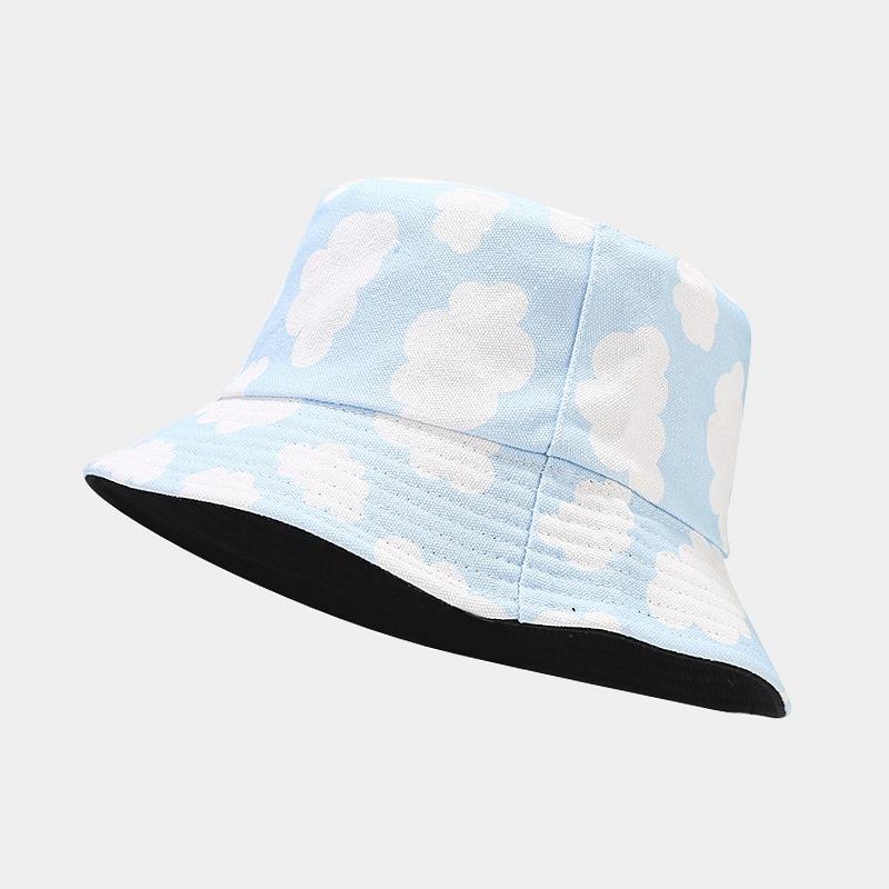 Spring new canvas bucket hat men and women refreshing blue sky white cloud pattern double-sided basin hat spring and summer outdoor hat