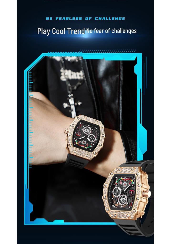 Oufannishi Barrel-Shaped Quartz Waterproof Skeleton Men's Watch with Calendar and Luminous Features