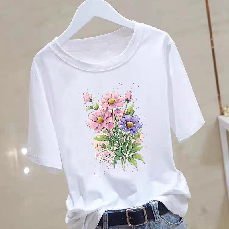 

Новая круглая футболка с коротким рукавом и милым узором в виде цветка лотоса для женщин, стильные и модные летние топы с принтами S