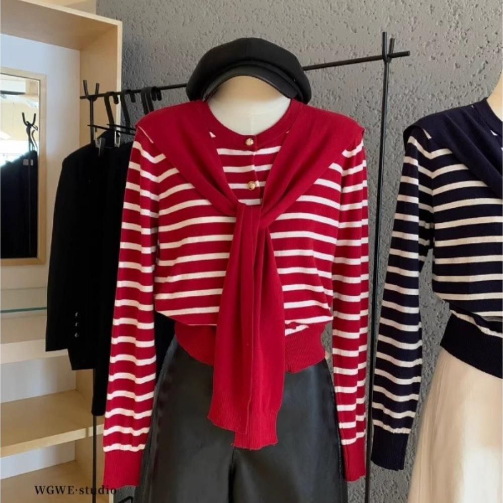 Navy Collar Long-sleeved Knitted Sweater for Women, New Autumn and Winter Striped Sweater Coat, Casual and Versatile Short Top