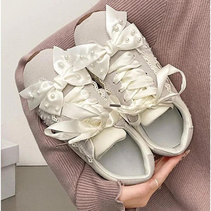 Fashion Hot Selling Thick-Soled 2025 Pearl Beaded Sweet Heart Casual Sports Shoes Women's Bowknot Ballet Flats Women Zapatillas De Mujer