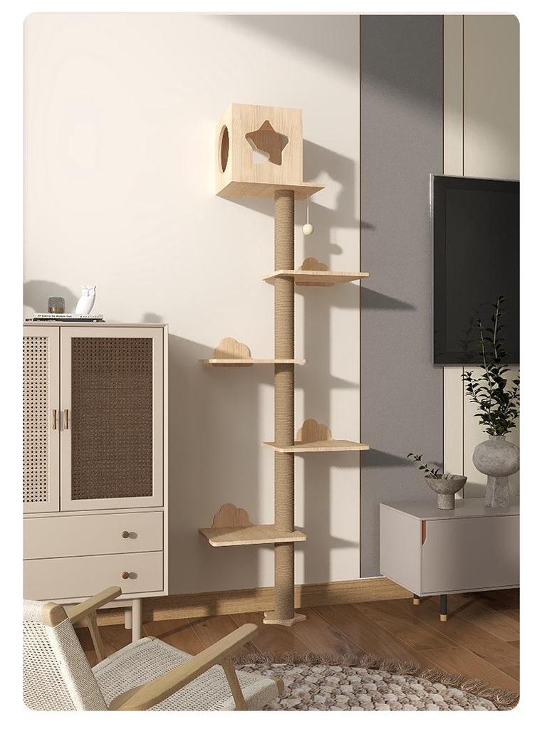 Wandmontierter Katzenbaum aus Massivholz: Kapselregal, Kratzbaum, Kletterplattform & Bett