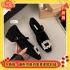 French Low-heeled Black Evening Single Shoes Women's Shoes 2025 Autumn and Winter Rhinestone Square Head Plush Mary Jane Fluffy Shoes