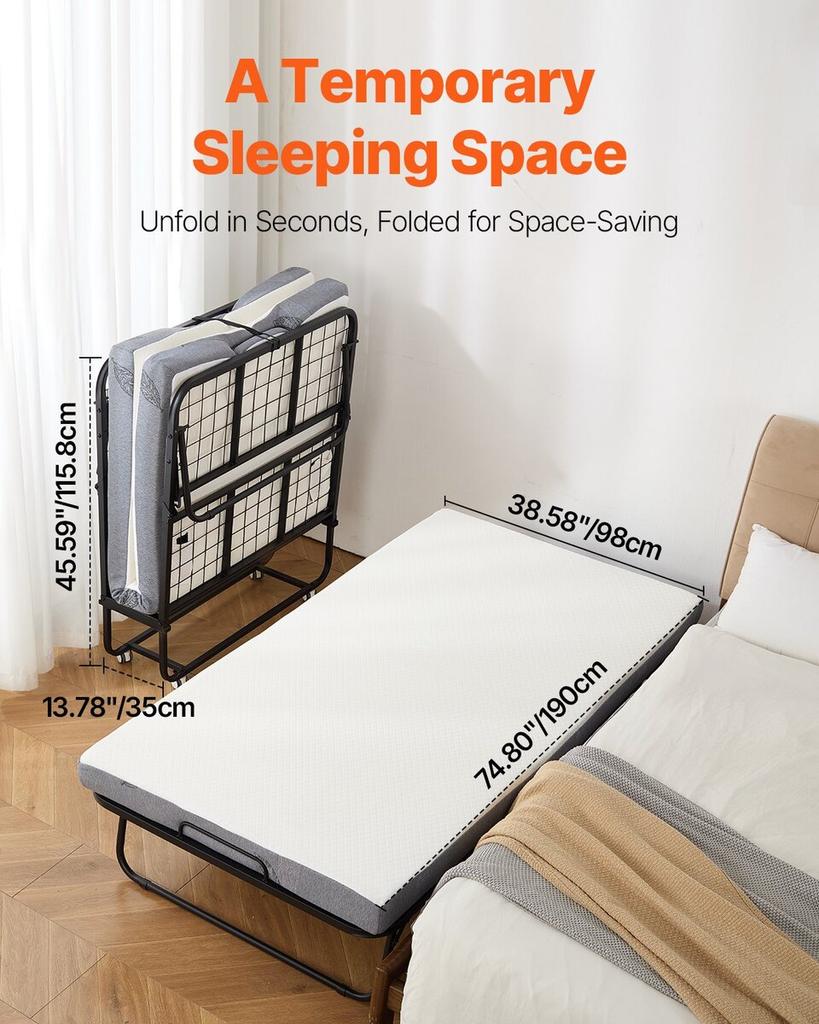 Rollaway Bed Folding Bed with 4 In Foam Mattress for Adults and Guest